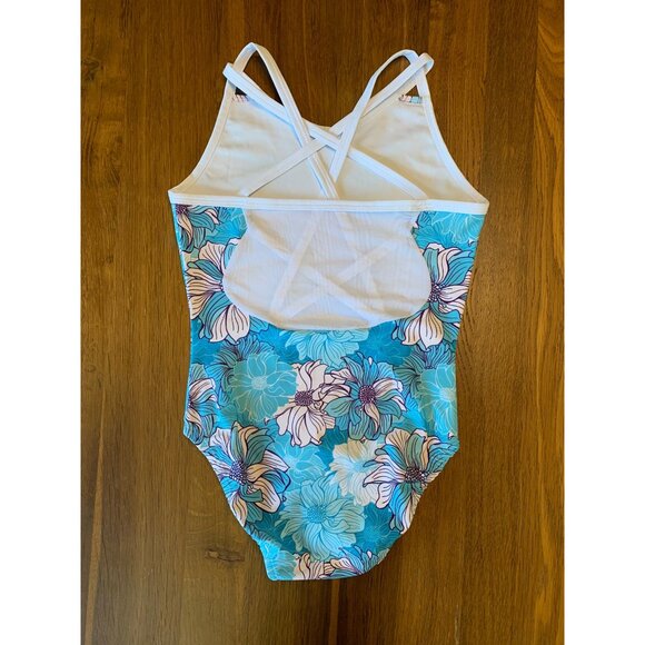 ANCHOR ACTIVE WEAR Floral Gymnastics Leotard Girls 12 CXL Blue Strappy Back Leo - Picture 2 of 5